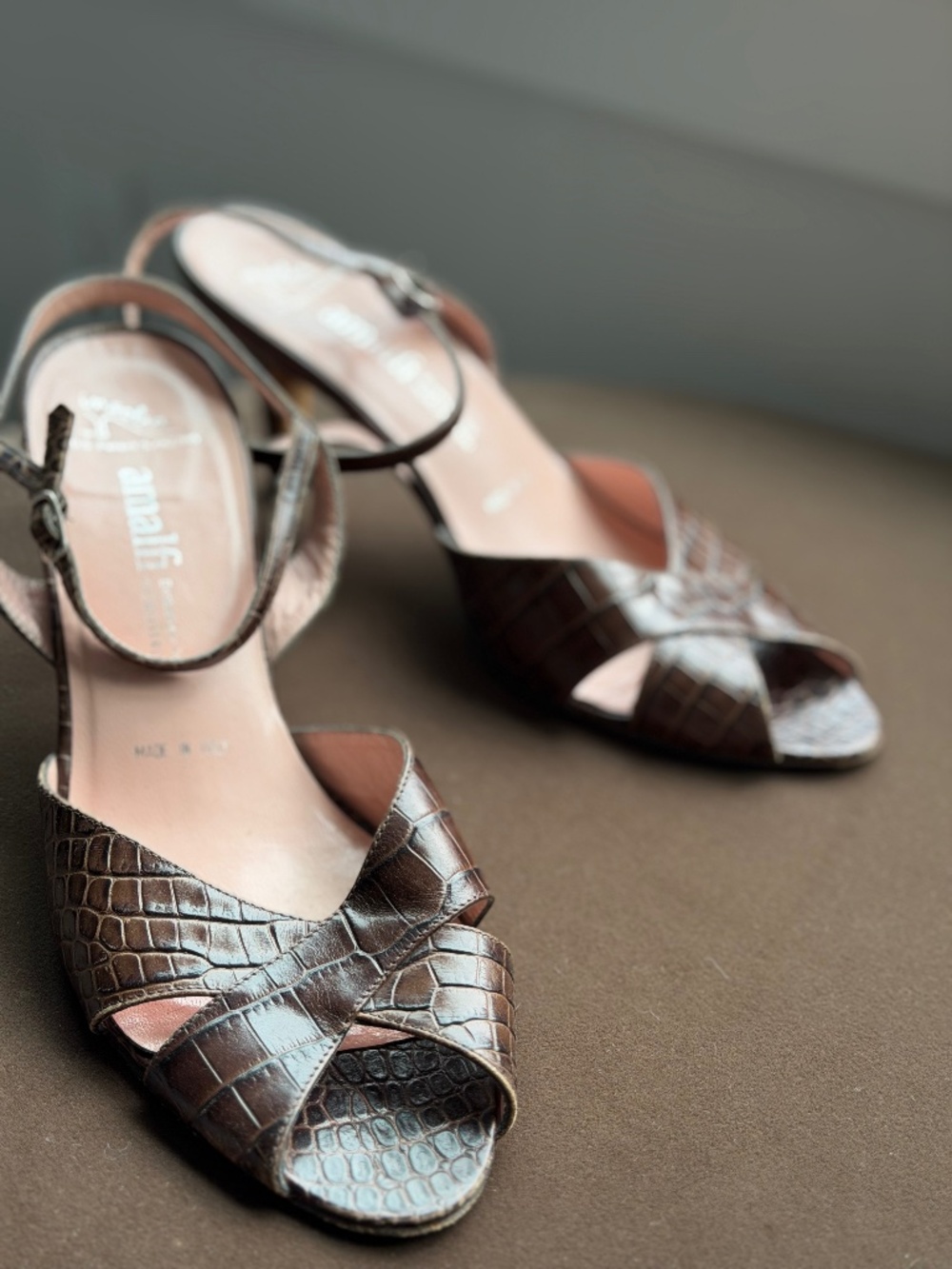 Amalfi Exclusively for Nordstrom Brown Croc Leather Strappy Heels Italy